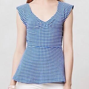 Anthropologie Deletta Blue White Gingham Neo Peplum Open Back Blouse Size S